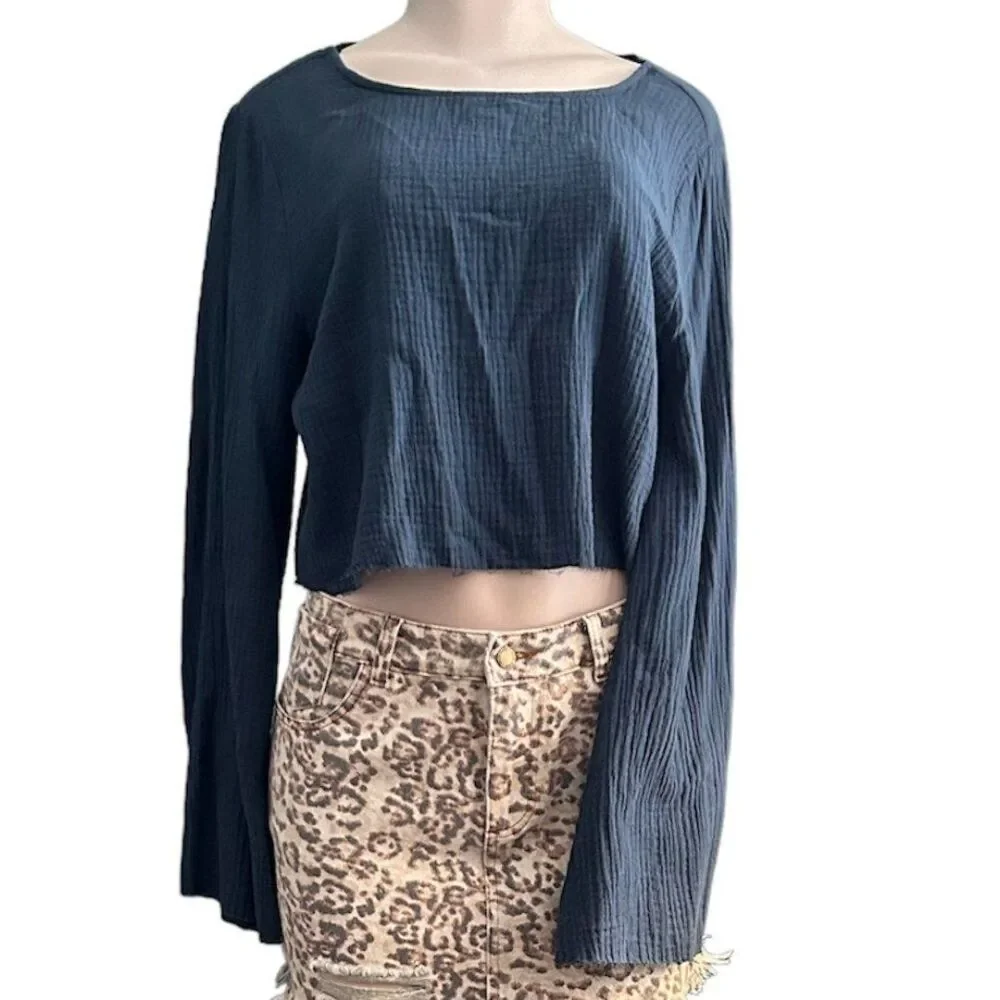 Hudson Gray Steel Blue 100% Cotton Raw Edge Long Bell Sleeve Top Size Large